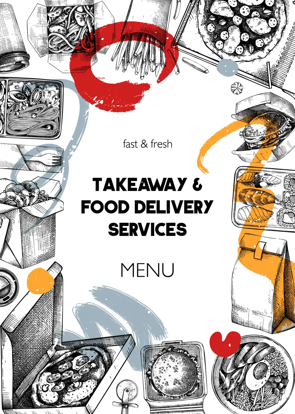 Collage style fast food frame. Hand-drawn vector illustration. Burger, pizza box, paper bag, coffee cup sketch. Takeaway food flyer template, delivery menu design, trendy background Illustration